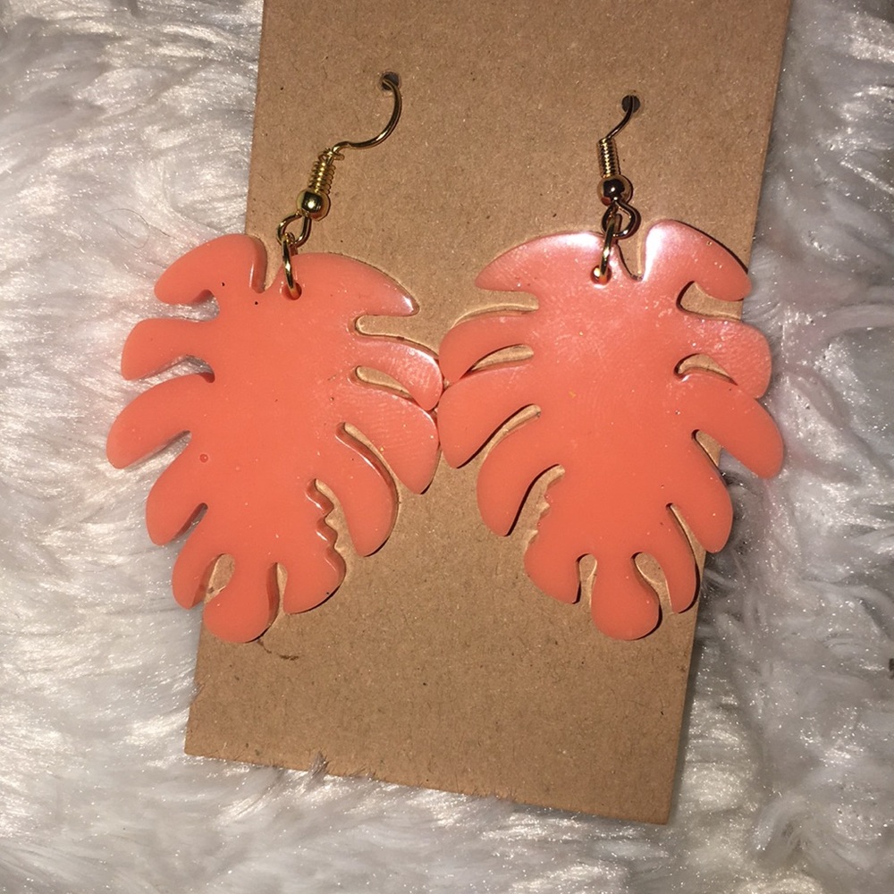 NEW coral pink monstera earrings